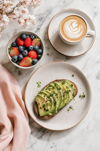 Brunch with avocado toast and fresh berries