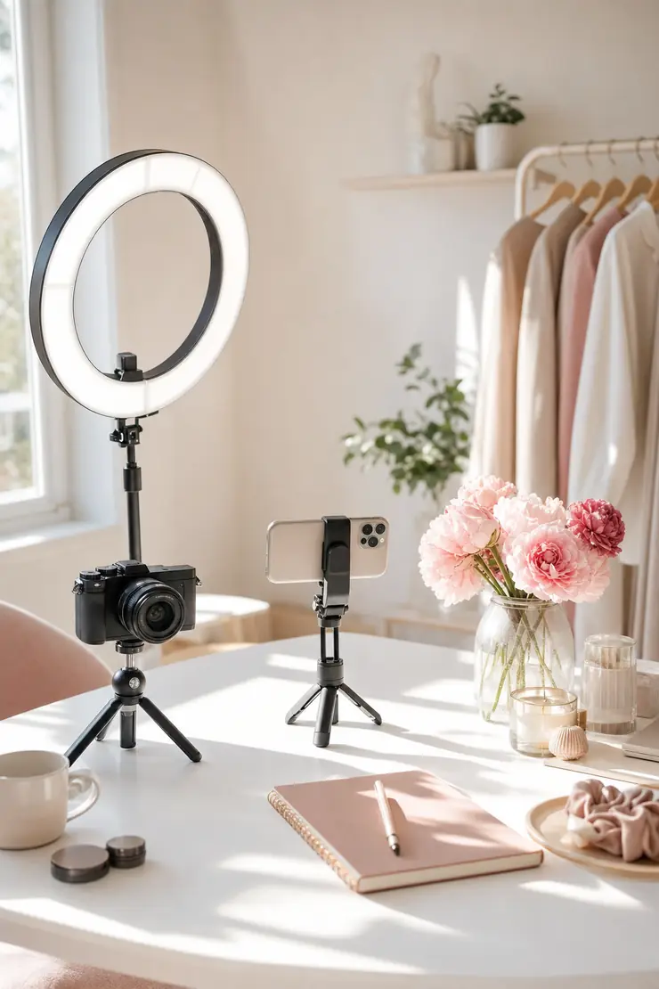 Content creator desk with camera and ring light