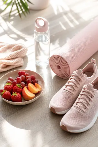 Wellness flat lay with a yoga mat